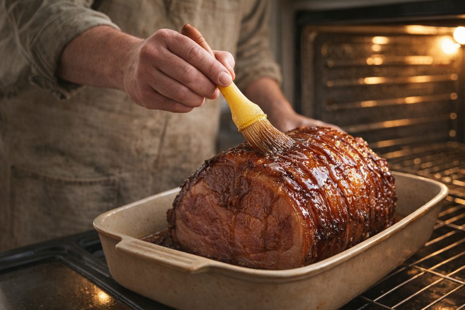 Action shot of a chef brushing a glistening brown sugar glaze onto a ham in a baking pan, oven light on in the background